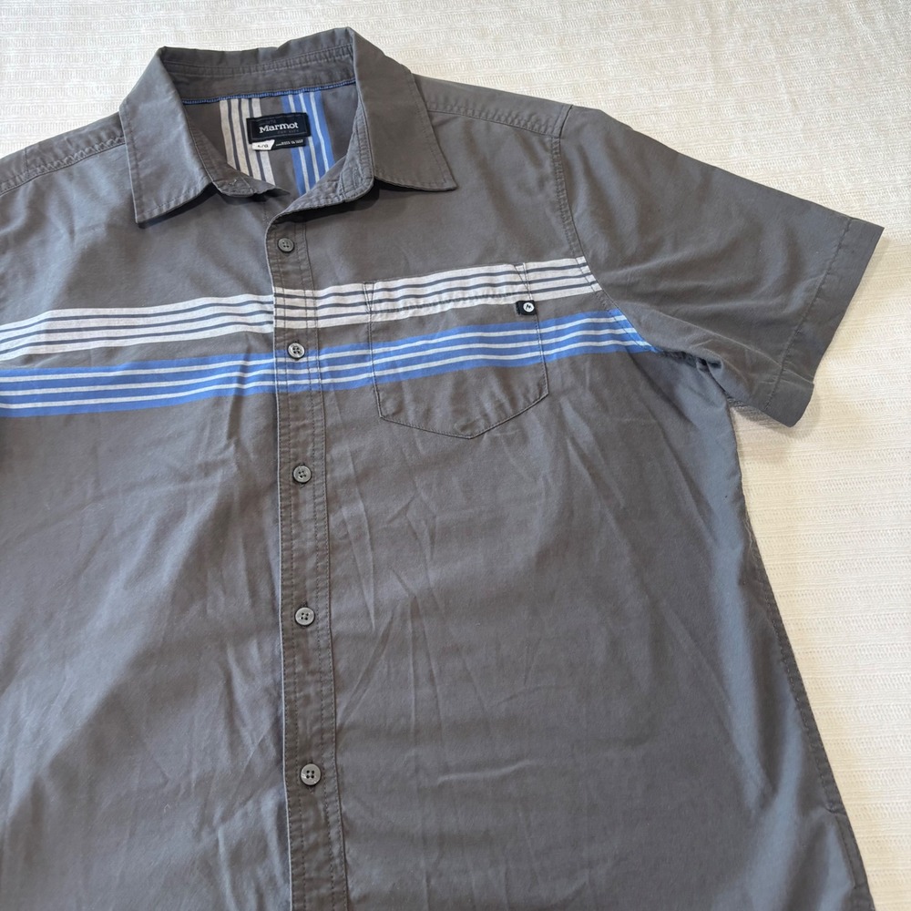 Marmot Mens Large Gray Striped Short Sleeve Button Down Shirt Cotton Blend